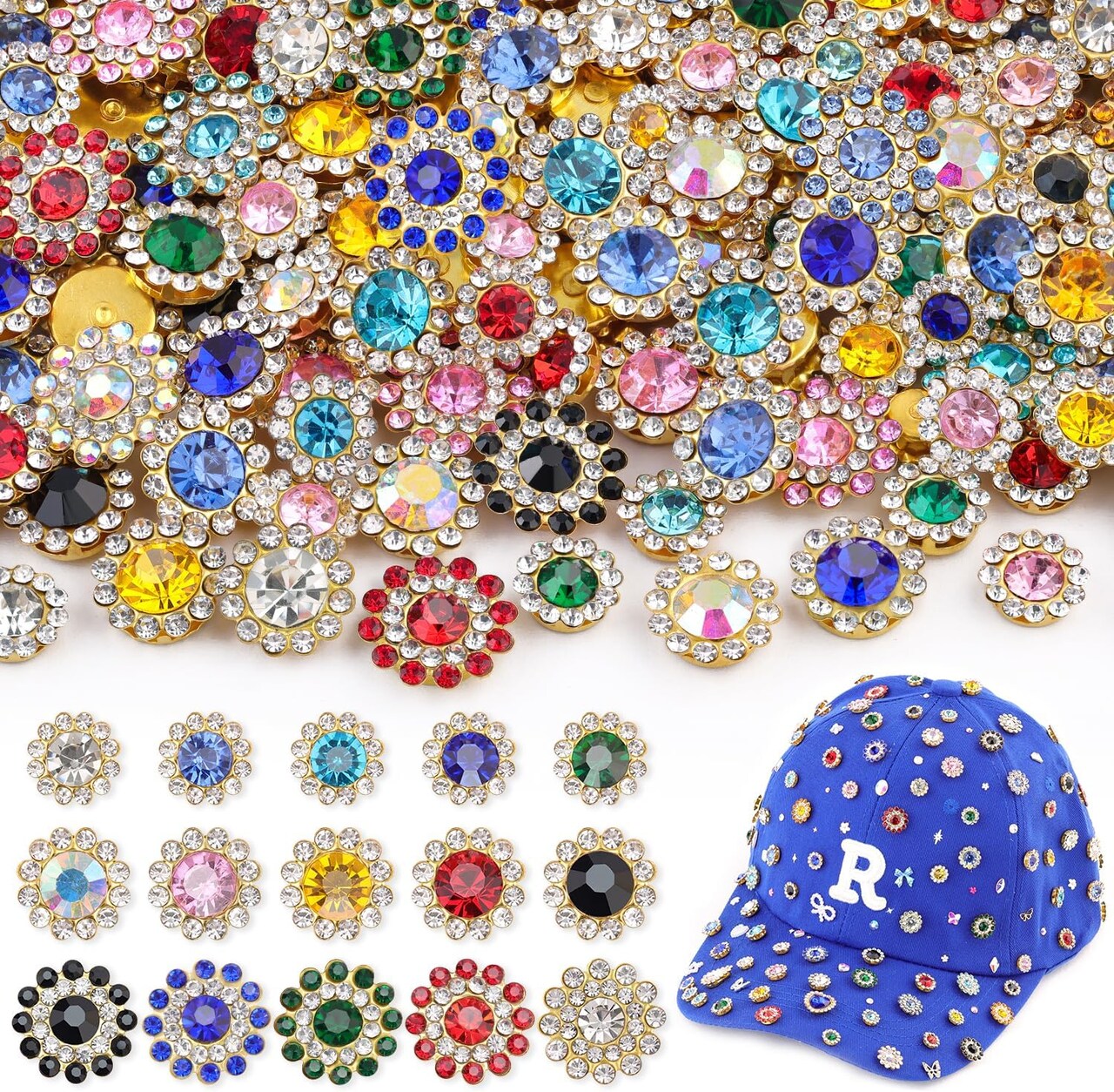200pcs Sew-On Rhinestones – 3 Sizes, 10 Colors, Flower-Shaped Crystal Glass with Metal Base for Clothes, Shoes & Crafts